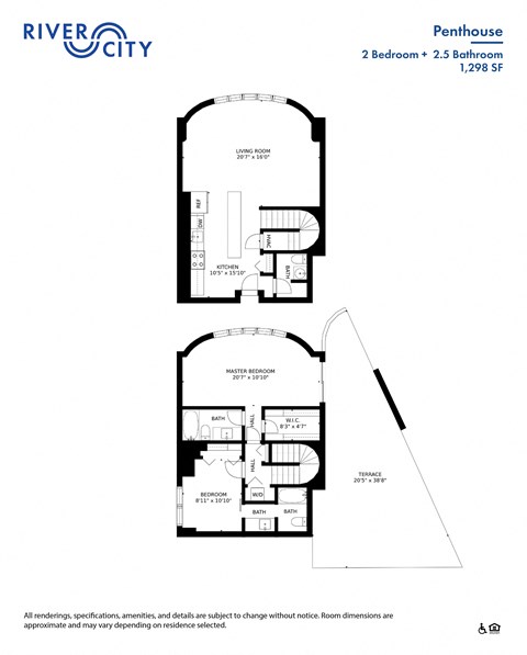 Floor plan for 2 beds, 2.5 baths, 1298 sqft